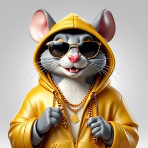 3D caricature by Cinema4D hyper-realistic character photography for mascot \"Kaijō\" on a gold necklace.
The main object shows a half body character, a hip hop rat.
Wear a hooded jacket. with a simple gradient, bright colors, iridescent chrome surface tones. Holding a large smock cigar The golden sunglasses, the angry face, the exaggerated shape looked perfect and complicated. symmetrical and serious Realistic digital cartoon style Plain white background