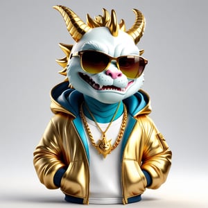 3D caricature by Cinema4D hyper-realistic character photography for mascot \"Kaijō\" on a gold necklace.
The main object shows a half body character, dragon, hip hop.
Wear a hooded jacket. with gradient, bright colors, iridescent chrome tones
Biting a cigarette, smoke, big size, golden sunglasses, angry looking face, exaggerated figure, looks perfect and complicated. symmetrical and serious Realistic digital cartoon style Plain white background