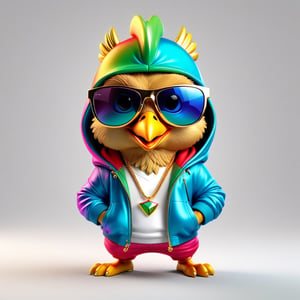 Cinema4D's hyper-realistic character photo 3D caricature for the mascot, showing the 3D characters \"Kaijō"\ on a gold necklace.
The main object shows a half-body character, a hip-hop chicken.
Wear a hooded jacket with a smooth, colorful gradient. Rainbow chrome surface tone Big smock cigar Golden sunglasses, an angry look, an exaggerated figure that looks perfect and sophisticated. symmetrical and serious Realistic digital cartoon style Plain white background