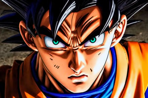 GoingInsane,close-up highly detailed, high quality, masterpiece, beautiful, (close-up), 1boy, solo, Goku from Dragon Ball Z, GoingInsane meme, open eyes, black hair, muscular