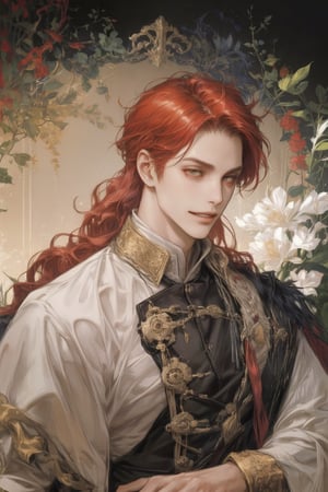 anime character with medium wolf hair, red hair, gold eyes, medium background, king, emperor, royalty, a character portrait, rococo.
side bangs, male_focus, medium_background, 1guy, 1boy, sole_male, {{{{solo}}}}, smirking, regal, red_hair, closed lips, brown clothes