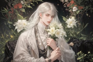 anime character with short dark gray hair, dark gray eyes, light background, white suit, white overcoat, wearing bridal_veil, a character portrait, rococo.
bangs, eyebrows_visible_through_hair, looking_at_viewer, male_focus, light_background, 1guy, sole_male, lily_(flower), holding bouquet