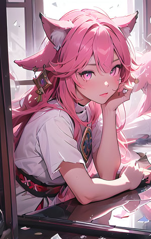 High Quality, Masterpiece, IncrsBrknGls, broken glass, reflection, , 1girl, yae miko, pink eyes, long hair, pink hair, animal ears, ,IncrsBrknGls,yaemikodef , sharp eyes