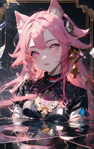 High Quality, Masterpiece, IncrsBrknGls, broken glass, reflection, , 1girl, yae miko, pink eyes, long hair, pink hair, animal ears, ,IncrsBrknGls,yaemikodef , sharp eyes