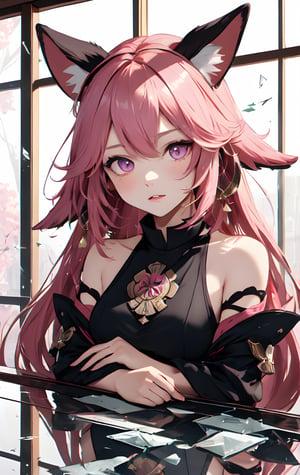 High Quality, Masterpiece, IncrsBrknGls, broken glass, reflection, , 1girl, yae miko, pink eyes, long hair, pink hair, animal ears, ,IncrsBrknGls,yaemikodef , sharp eyes