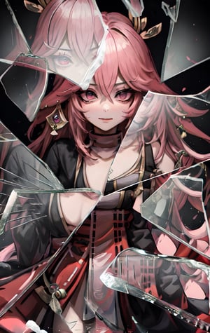 High Quality, Masterpiece, IncrsBrknGls, broken glass, reflection, , 1girl, yae miko, pink eyes, long hair, pink hair, animal ears, ,IncrsBrknGls,yaemikodef