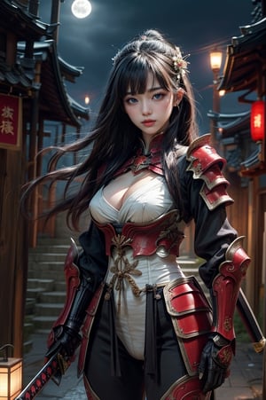 sexy lady warrior, weapon, armor, sword, moon, holding, solo, holding sword, holding weapon, flower, full armor, full moon, standing, red eyes, breastplate, katana, night, shoulder armor, solo lady, rain, gauntlets, looking at viewer, outdoors, japanese armor, sky, samurai, petals, facing viewer, glowing, sheath, very long hair, kusazuri, masterpiece, best quality, aesthetic, chinese ink painting,