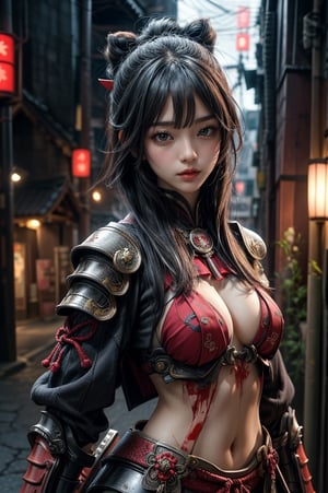 so sexy sumurai girl , blood demon samurai Armor  ,The outfit is detailed, Expose the skin , standing straight and strong in a pose,upper body , ancient Japanese war, night