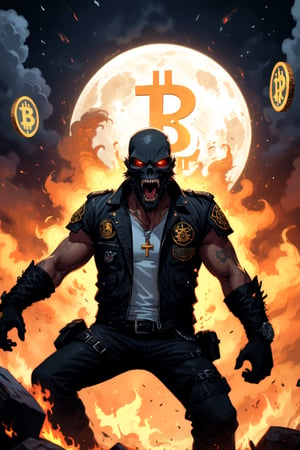 a big bitcoin cartoon coin flies to the moon and yells at various altcoins, bitcoin badass hero ((xrp, ethereum, cardano) coins sit on the ground and cry, bitcoin disciplines them with a belt, dark and scary, coins on ground are scared and shaking)), ((bitcoin symbol in the background has words around the edge that say Apex Predator around the edge of the coin), bitcoin symbol on chest, (((hell's angels motorcycle theme)))