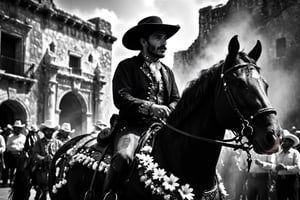 ansel adams style photo of a charro rider in front of the alamo, battle of flowers parade, horse with flowers, modern rainbow splatter paint, monet style, artistic layout and feel, high contrast image, 4k image, clear faces, good faces, in focus, black and white image, fiesta, in front of the alamo,SD 1.5