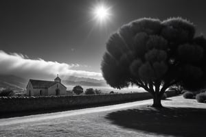 black and white realistic photo, california hill country,   very large rustic stone built spanish mission san jose in the background, detail and vibrant, barroque style, 8k, sunrise,3D, Masterpiece, black and white, infrared exposure, two thirds rule of photography, adam ansel style, cumulus clouds, hills and eucalyptustree, medium perspective, sunlight rays shining through eucalyptus tree, mysterious, SDxl, offset, perspective at 33 degrees, realistic eucalyptus trees and leaves, feng shui style, image subjects are balanced