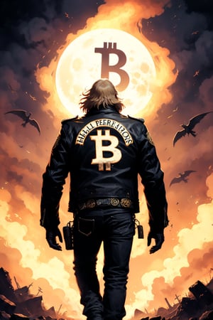 a big bitcoin cartoon coin flies to the moon and yells at various altcoins, bitcoin badass hero ((xrp, ethereum, cardano) coins sit on the ground and cry, bitcoin disciplines them with a belt, dark and scary, coins on ground are scared and shaking)), ((bitcoin symbol in the background has words around the edge that say Apex Predator around the edge of the coin), bitcoin symbol on chest, (((hell's angels motorcycle theme))), ((add text (apex predator) to bitcoin)) acme gothic font, letters in acme gothic font, bitcoin on leather jacket, bitcoin hell's angel biker looks like johnny cash