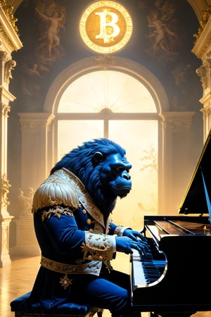 a big bitcoin gorilla cartoon coin plays a grand piano in the Palace of Versailles, Palace of Versailles hall of mirrors with the moon shining throught the window, bitcoin badass hero ((alternate crypto coins bowing down to the piano,xrp, ethereum, cardano) bitcoin disciplines them with a belt, dark and scary, coins on ground are scared and shaking)), ((bitcoin symbol in the background has words around the edge that say Apex Predator around the edge of the coin), bitcoin symbol on chest, (((Louis XIII theme))), ((playing grand piano), while the servants look on))