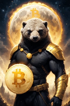 Realistic Bitcoin HoneyBadger, honey-badger has white fur on top of head and back only,  Honey-badger has black on face and lower body, Palace of Versailles, bitcoin badass hero (((bitcoin symbol in the background))  (((Louis XIII theme)))((( riding in a (Lamborghini spaceship) to the moon at lightning speed with (hot ass blonde woman) beside))) ((Place text in image (Honey Badger Don't Care)) Bitcoin suit
