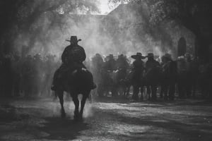 ansel adams style photo of a charro rider in front of the alamo, battle of flowers parade, horse with flowers, modern rainbow splatter paint, monet style, artistic layout and feel