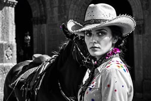 ansel adams style photo of a female charro rider looking down in front of the alamo, battle of flowers parade, horse with flowers, modern rainbow splatter paint, monet style, artistic layout and feel, high contrast image, 4k image, clear faces, good faces, in focus, black and white image, fiesta, in front of the alamo,SD 1.5, naked