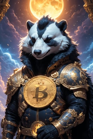 a big solana realistic male badger cartoon coin types on a neon lit black keyboard in the Palace of Versailles to the moon, bitcoin badass hero ((xrp, ethereum, cardano) coins sit on the ground and cry, bitcoin disciplines them with a belt, dark and scary, coins on ground are scared and shaking)), (((bitcoin symbol in the background)) print Apex Predator around the edge of the coin), bitcoin symbol on chest, (((Louis XIII theme))) Fur is white on top of back and head and black below, smiling showing teeth, spacesuit, ready to board a rocket heading to the moon, mystic