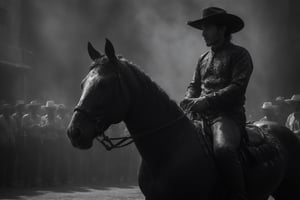 ansel adams style photo of a charro rider in front of the alamo, battle of flowers parade, horse with flowers, modern rainbow splatter paint, monet style, artistic layout and feel, high contrast image, 4k image, clear faces, good faces, in focus, black and white image