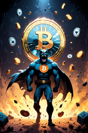 a big bitcoin cartoon coin walks into a room and yells at various altcoins, (xrp, ethereum, doge coin, cardano) sit on the ground and cry, disciplines them with a belt, dark and scary, altcoins are scared and shaking,