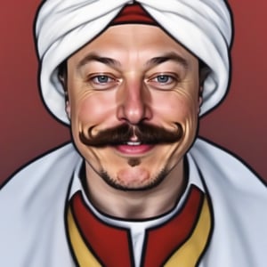 all stays the same, only add elon musk face, lengthy turkish mustache, real clothe turban, smiling