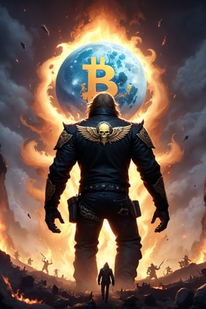 a big bitcoin cartoon coin flies to the moon and yells at various altcoins, bitcoin badass hero ((xrp, ethereum, cardano) coins sit on the ground and cry, bitcoin disciplines them with a belt, dark and scary, coins on ground are scared and shaking)), ((bitcoin symbol in the background has words around the edge that say Apex Predator around the edge of the coin), bitcoin symbol on chest, (((hell's angels motorcycle theme))), ((add text (apex predator) to bitcoin)) acme gothic font, letters in acme gothic font, bitcoin on leather jacket, bitcoin hell's angel biker looks like johnny cash,style