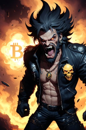 a big bitcoin cartoon coin flies to the moon and yells at various altcoins, bitcoin badass hero ((xrp, ethereum, cardano) coins sit on the ground and cry, bitcoin disciplines them with a belt, dark and scary, coins on ground are scared and shaking)), ((bitcoin symbol in the background has words around the edge that say Apex Predator around the edge of the coin), bitcoin symbol on chest, (((hell's angels motorcycle theme))), ((add text (apex predator) to bitcoin)) acme gothic font, letters in acme gothic font, bitcoin on leather jacket, bitcoin hell's angel biker looks like johnny cash,style