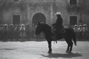 ansel adams style photo of a charro rider in front of the alamo, battle of flowers parade, horse with flowers