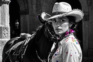 ansel adams style photo of a female charro rider looking down in front of the alamo, battle of flowers parade, horse with flowers, modern rainbow splatter paint, monet style, artistic layout and feel, high contrast image, 4k image, clear faces, good faces, in focus, black and white image, fiesta, in front of the alamo,SD 1.5, naked