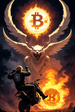 a big bitcoin cartoon coin flies to the moon and yells at various altcoins, bitcoin badass hero ((xrp, ethereum, cardano) coins sit on the ground and cry, bitcoin disciplines them with a belt, dark and scary, coins on ground are scared and shaking)), ((bitcoin symbol in the background has words around the edge that say Apex Predator around the edge of the coin), bitcoin symbol on chest, (((hell's angels motorcycle theme))), ((add text (apex predator) to bitcoin)) acme gothic font, letters in acme gothic font.