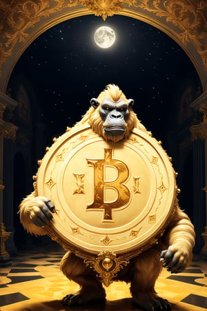 a big bitcoin gorilla cartoon coin plays a grand piano in the Palace of Versailles to the moon and yells at various altcoins, bitcoin badass hero ((xrp, ethereum, cardano) coins sit on the ground and cry, bitcoin disciplines them with a belt, dark and scary, coins on ground are scared and shaking)), ((bitcoin symbol in the background has words around the edge that say Apex Predator around the edge of the coin), bitcoin symbol on chest, (((Louis XIII theme)))