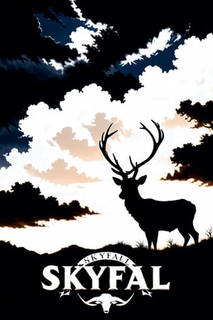 Skyfall ranch, texas summer clouds, ((monochromatic logo with text and print (SKYFALL)) TROPHY BUCK, correct and readable text (Skyfall), simple logo, panoramic view