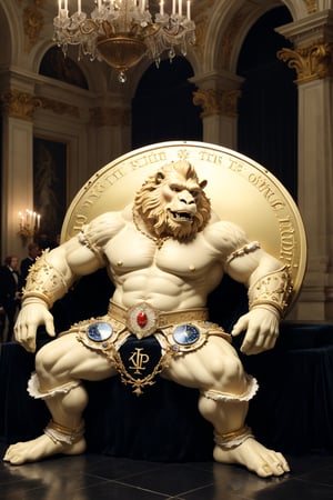 a big bitcoin gorilla cartoon coin plays a grand piano in the Palace of Versailles to the moon and yells at various altcoins, bitcoin badass hero ((xrp, ethereum, cardano) coins sit on the ground and cry, bitcoin disciplines them with a belt, dark and scary, coins on ground are scared and shaking)), ((bitcoin symbol in the background has words around the edge that say Apex Predator around the edge of the coin), bitcoin symbol on chest, (((Louis XIII theme)))