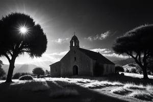 black and white realistic photo, california hill country,   very large rustic stone built spanish mission san jose in the background, detail and vibrant, barroque style, 8k, sunrise,3D, Masterpiece, black and white, infrared exposure, two thirds rule of photography, adam ansel style, cumulus clouds, hills and pine tree, medium perspective, sunlight rays shining through eucalyptus tree, mysterious, SDxl, offset focus, perspective at 33 degrees, realistic eucalyptus trees and leaves, feng shui style, image subjects are balanced