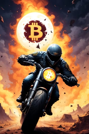 a big bitcoin cartoon coin flies to the moon and yells at various altcoins, bitcoin badass hero ((xrp, ethereum, cardano) coins sit on the ground and cry, bitcoin disciplines them with a belt, dark and scary, coins on ground are scared and shaking)), ((bitcoin symbol in the background has words around the edge that say Apex Predator around the edge of the coin), bitcoin symbol on chest, (((hell's angels motorcycle theme)))