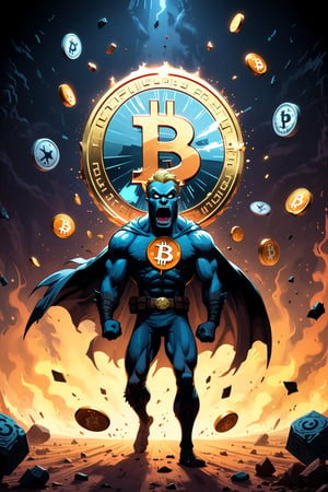 a big bitcoin cartoon coin walks into a room and yells at various altcoins, (xrp, ethereum, doge coin, cardano) sit on the ground and cry, disciplines them with a belt, dark and scary, altcoins are scared and shaking,
