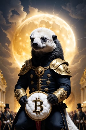 Realistic HoneyBadger, honey-badger has white fur on top of head and back only,  Palace of Versailles, bitcoin badass hero (((bitcoin symbol in the background))  (((Louis XIII theme))) riding in a lamborghini to the moon at lightning speed with hot ass blonde
