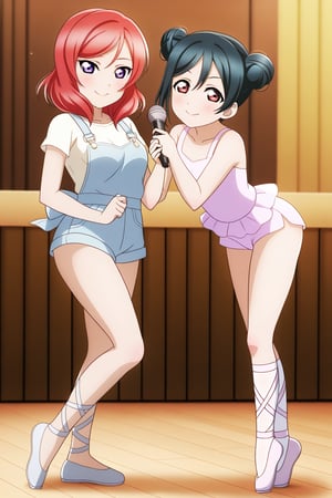 (llas, masterpiece, very aesthetic, absurdres, best quality:1.1),

2girls, multiple girls, side-by-side, (makinico:1.1), maki and nico, nishikino maki and yazawa nico, looking at viewer,

smile, closed mouth, holding microphone,

(ballet, ballerina, ballet slippers:1.1), (flexible, leg up, standing), (tiptoes:1.1), (full body),

(micro shorts, overalls), outdoors,