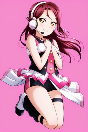 (llas, masterpiece, very aesthetic, absurdres, best quality:1.1),

1girl, sakurauchi riko, looking at viewer,

smile, closed mouth, 

(jumping), hands on chest,

idol outfit, micro shorts, headset, microphone, idol dress, leg strap, leg warmers,

(simple background:1.45),