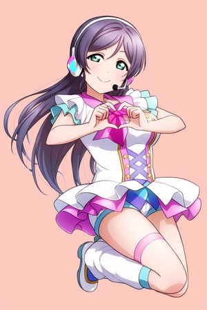 (llas, masterpiece, very aesthetic, absurdres, best quality:1.1),

1girl, tojo nozomi, looking at viewer,

smile, closed mouth, 

(jumping),

heart hands,

idol outfit, micro shorts, headset, microphone, idol dress, leg strap, leg warmers,

(simple background:1.45),