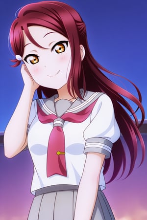 (llas, masterpiece, very aesthetic, absurdres, best quality:1.1),

1girl, solo, sakurauchi riko, 
smile, closed mouth,

(urasum, uranohoshi summer uniform:1.2), short sleeves, white serafuku,