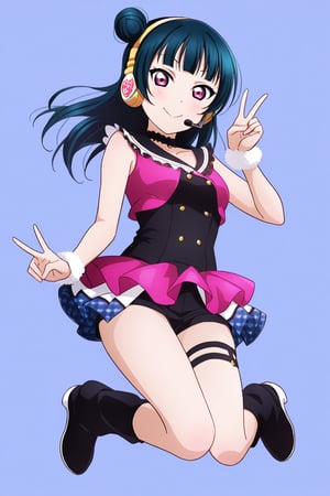 (llas, masterpiece, very aesthetic, absurdres, best quality:1.1),

1girl, tsushima yoshiko, looking at viewer,

smile, closed mouth, 

(jumping), peace sign,

idol outfit, micro shorts, headset, microphone, idol dress, leg strap, leg warmers,

(simple background:1.45),