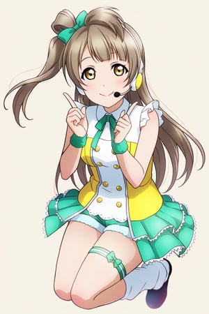 (llas, masterpiece, very aesthetic, absurdres, best quality:1.1),

1girl, minami kotori, looking at viewer,

smile, closed mouth, 

(jumping), index finger raised,

idol outfit, micro shorts, headset, microphone, idol dress, leg strap, leg warmers,

(simple background:1.45),