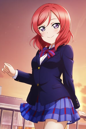 (llas, masterpiece, very aesthetic, absurdres, best quality:1.1),

1girl, solo, nishikino maki,

(otowin, otonokizaka winter uniform:1.2), long sleeves, blue blazer,

closed mouth, smile,

school, outdoors, sunset, ha