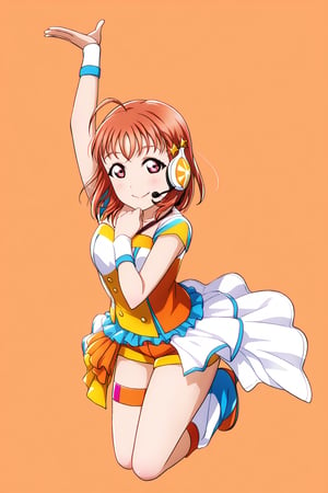 (llas, masterpiece, very aesthetic, absurdres, best quality:1.1),

1girl, takami chika, looking at viewer,

smile, closed mouth, 

(jumping), arm up,

idol outfit, micro shorts, headset, microphone, idol dress, leg strap, leg warmers,

(simple background:1.45),