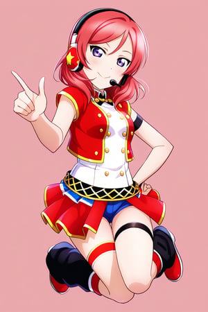 (llas, masterpiece, very aesthetic, absurdres, best quality:1.1),

1girl, nishikino maki, looking at viewer,

smile, closed mouth, 

(jumping), index finger raised, hand on hip,

idol outfit, micro shorts, headset, microphone, idol dress, leg strap, leg warmers,

(simple background:1.45),