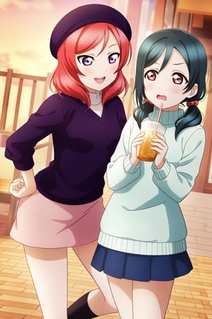 (llas, masterpiece, very aesthetic, absurdres, best quality:1.1),

2girls, multiple girls, side-by-side, (makinico:1.1), maki and nico, nishikino maki and yazawa nico, looking at another,

smile, open mouth, talking, (holding drink in a straw), hand on hip,

(flexible, leg up, standing), loose socks,

(beret, sweater), 

outdoors, sunset, downtown, cafe, sidewalk,