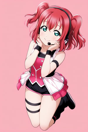 (llas, masterpiece, very aesthetic, absurdres, best quality:1.1),

1girl, kurosawa ruby, looking at viewer,

smile, closed mouth, 

(jumping), hands on cheeks,

idol outfit, micro shorts, headset, microphone, idol dress, leg strap, leg warmers,

(simple background:1.45),