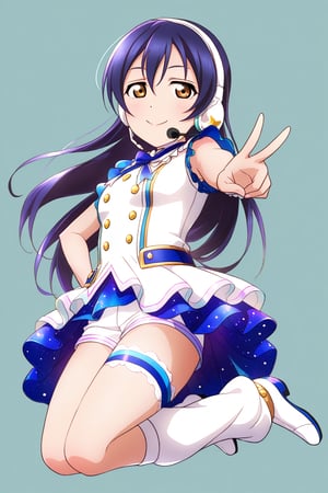 (llas, masterpiece, very aesthetic, absurdres, best quality:1.1),

1girl, sonoda umi, looking at viewer,

smile, closed mouth, 

(jumping), peace sign,

idol outfit, micro shorts, hand on hip, headset, microphone, idol dress, leg strap, leg warmers,

(simple background:1.45),