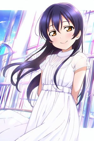 (llas, masterpiece, very aesthetic, absurdres, best quality:1.1),

1girl, solo, sonoda umi,

white dress, long dress,

closed mouth, smile,