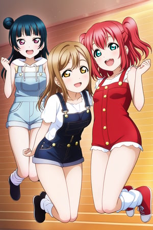 (llas, masterpiece, very aesthetic, absurdres, best quality:1.1),

3girls, multiple girls,

looking at viewer,

tsushima yoshiko, kunikida hanamaru, kurosawa ruby,

looking at viewer,

smile, open mouth,

(jumping, legs together),

micro shorts, footwear, loose socks, overalls,